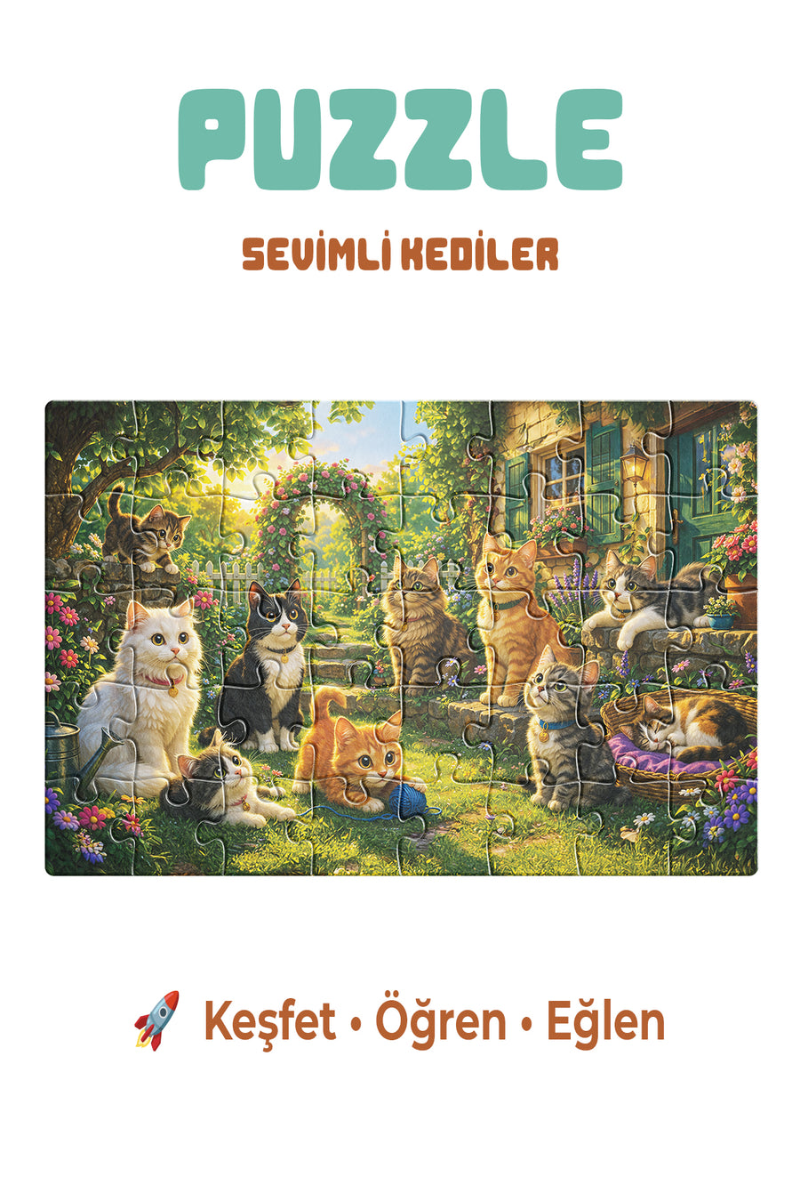 Sevimli Kediler 40 Parça Çocuk Puzzle – Kedi Temalı Eğitici Yapboz 23 x 15 cm