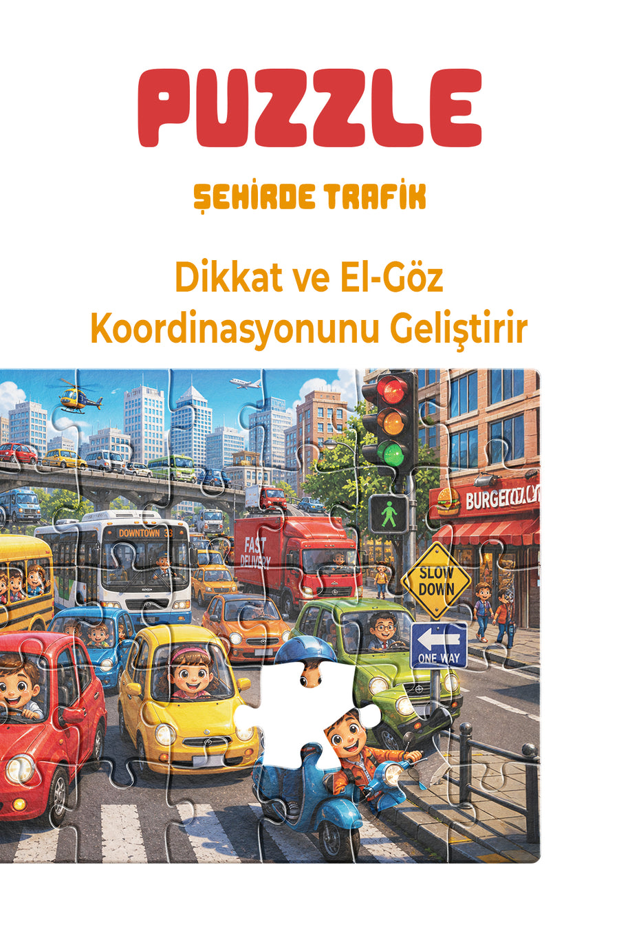 Şehirde Trafik 40 Parça Çocuk Puzzle – Araçlar ve Trafik Temalı Eğitici Yapboz 23 x 15 cm