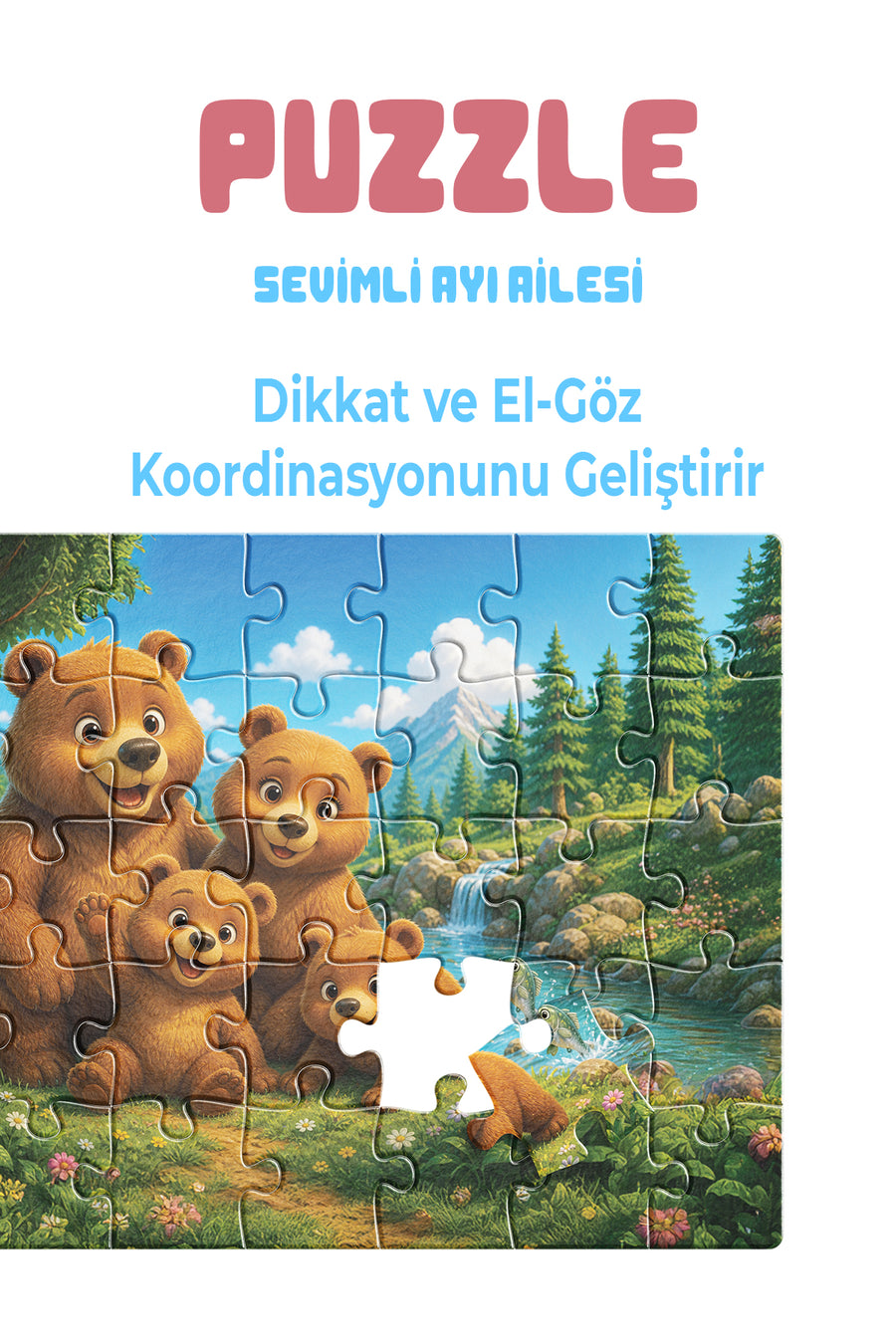 Sevimli Ayı Ailesi 40 Parça Çocuk Puzzle – Ayı ve Doğa Temalı Eğitici Yapboz 23 x 15 cm