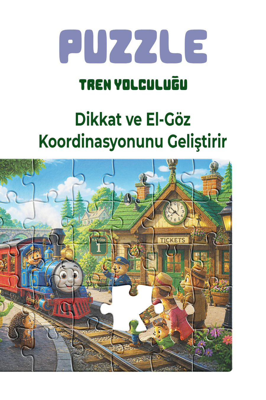 Tren Yolculuğu 40 Parça Çocuk Puzzle – Tren ve İstasyon Temalı Eğitici Yapboz 23 x 15 cm