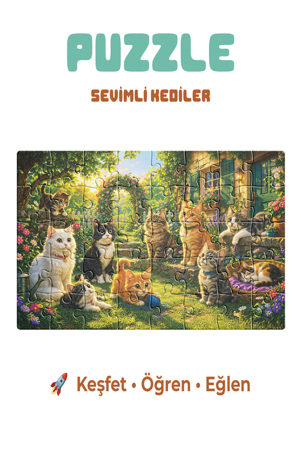 Sevimli Kediler 40 Parça Çocuk Puzzle – Kedi Temalı Eğitici Yapboz 23 x 15 cm