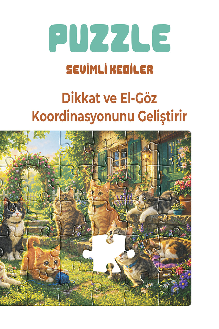 Sevimli Kediler 40 Parça Çocuk Puzzle – Kedi Temalı Eğitici Yapboz 23 x 15 cm