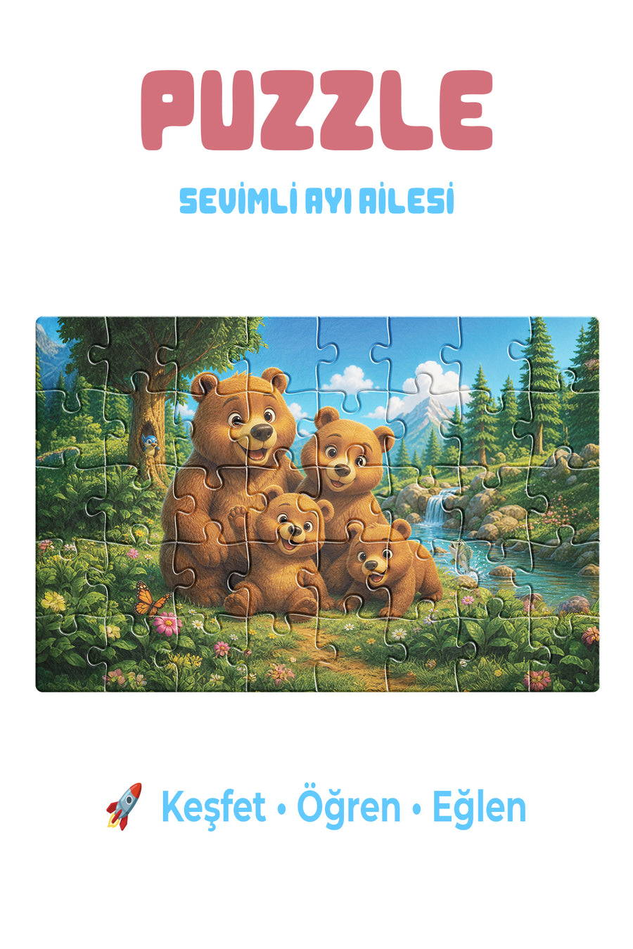 Sevimli Ayı Ailesi 40 Parça Çocuk Puzzle – Ayı ve Doğa Temalı Eğitici Yapboz 23 x 15 cm