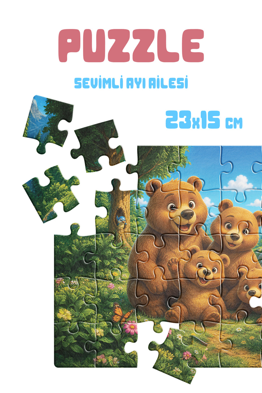 Sevimli Ayı Ailesi 40 Parça Çocuk Puzzle – Ayı ve Doğa Temalı Eğitici Yapboz 23 x 15 cm