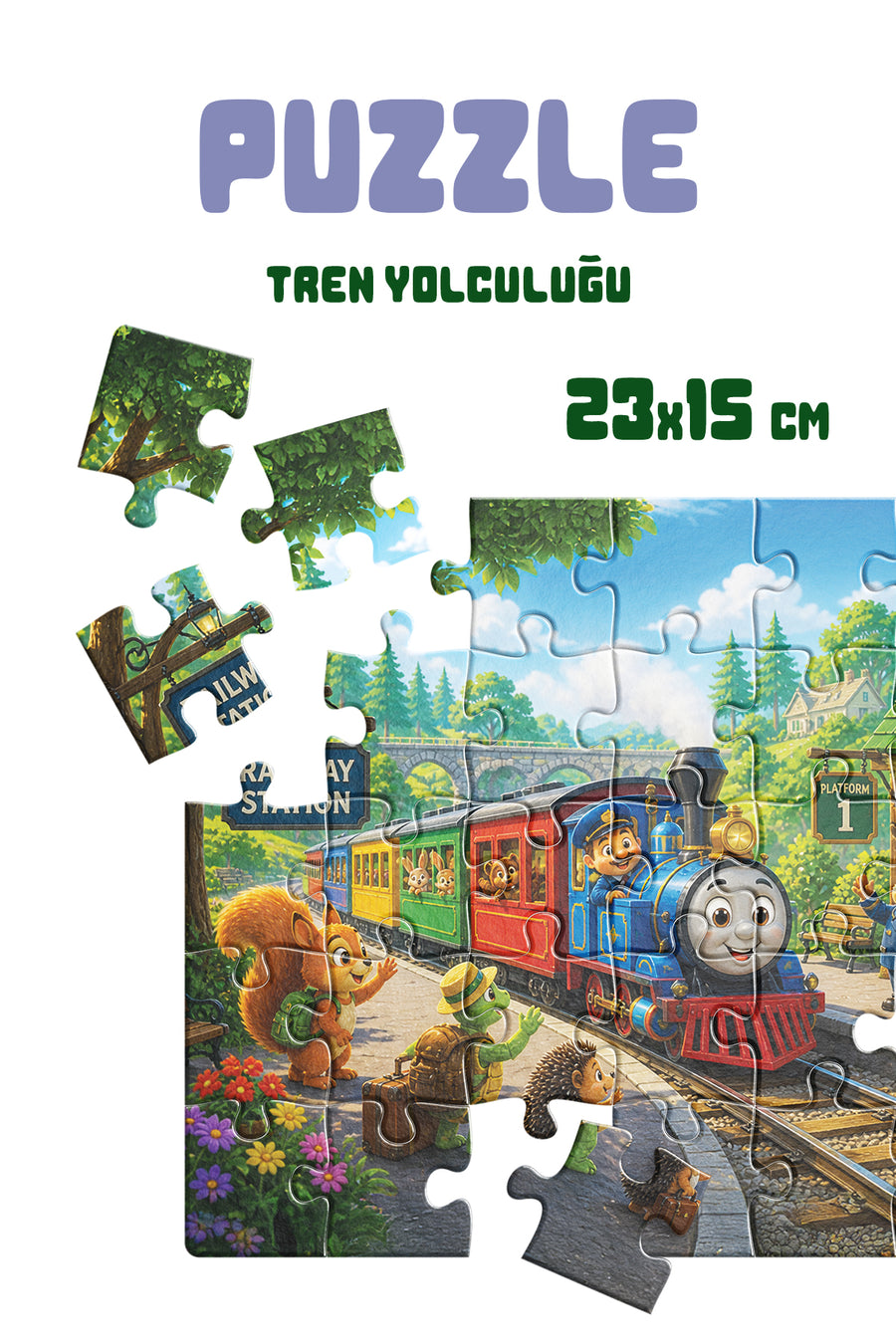 Tren Yolculuğu 40 Parça Çocuk Puzzle – Tren ve İstasyon Temalı Eğitici Yapboz 23 x 15 cm