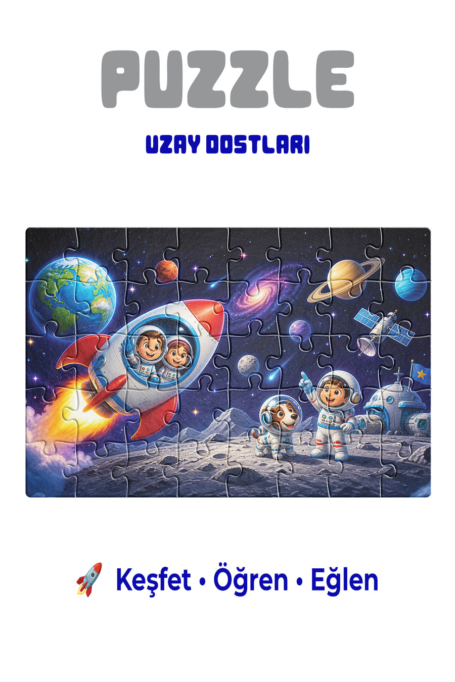 Uzay Dostları 40 Parça Çocuk Puzzle – Roket ve Astronot Temalı Eğitici Yapboz 23 x 15 cm