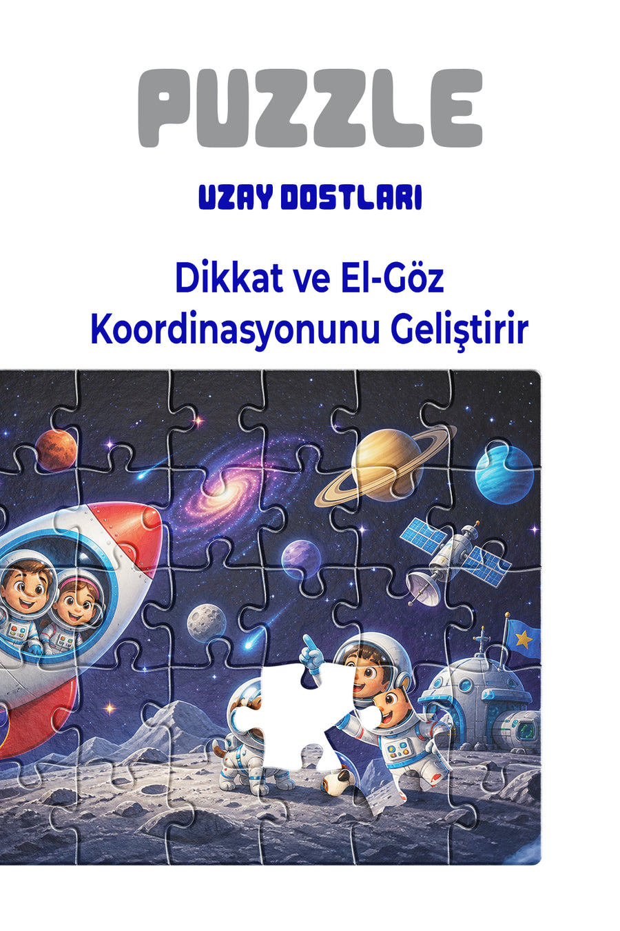 Uzay Dostları 40 Parça Çocuk Puzzle – Roket ve Astronot Temalı Eğitici Yapboz 23 x 15 cm