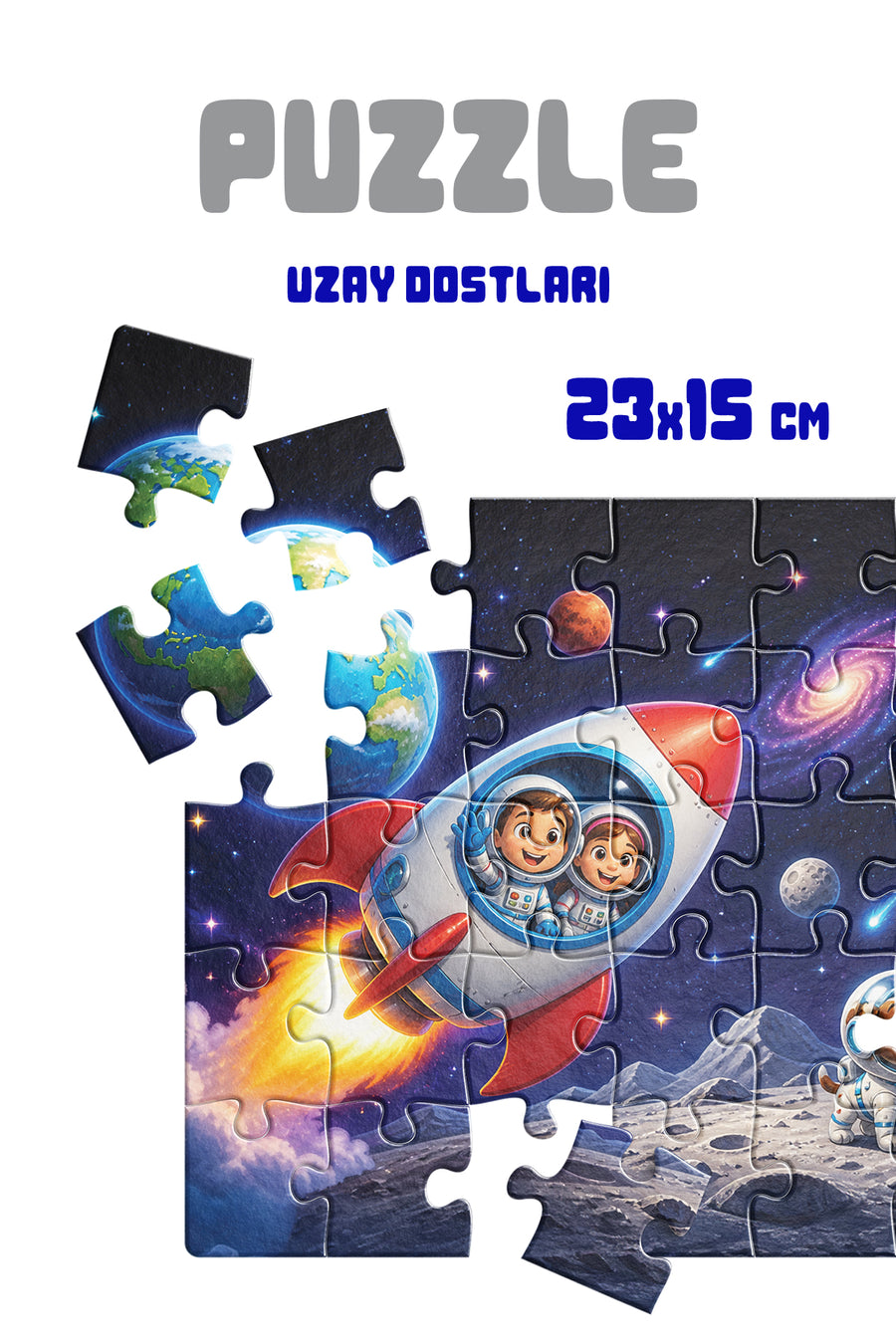 Uzay Dostları 40 Parça Çocuk Puzzle – Roket ve Astronot Temalı Eğitici Yapboz 23 x 15 cm